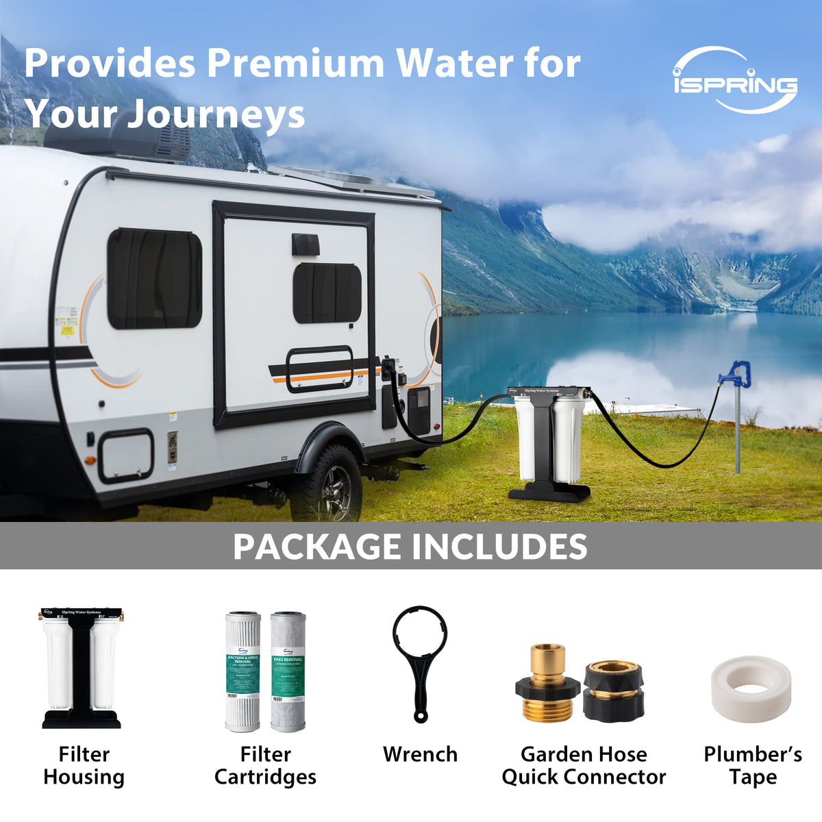 iSpring CW21-PFBV 2-Stage RV Water Filtration System, SGS-Tested PFAS, Bacteria, Viruses Removal, Dual Advanced Filters, 3/4'' Lead-Free Brass Quick Connectors, Tankless, High Capacity