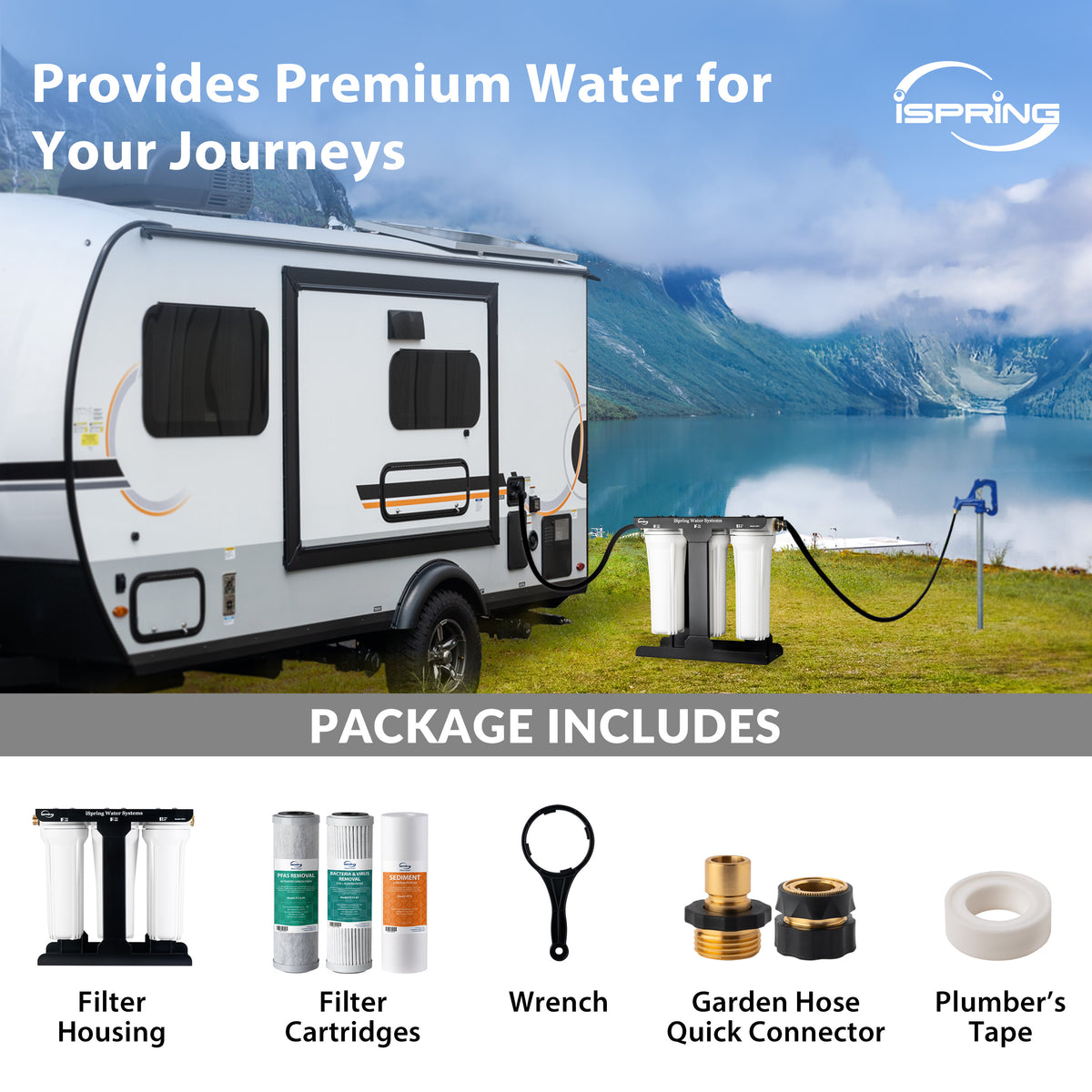 iSpring CW31-PFBV 3-Stage RV Water Filtration System for Campers, Reduces PFAS, Bacteria and Viruses, 3/4'' Lead-Free Brass Hose Quick Connectors, Tankless, High Capacity