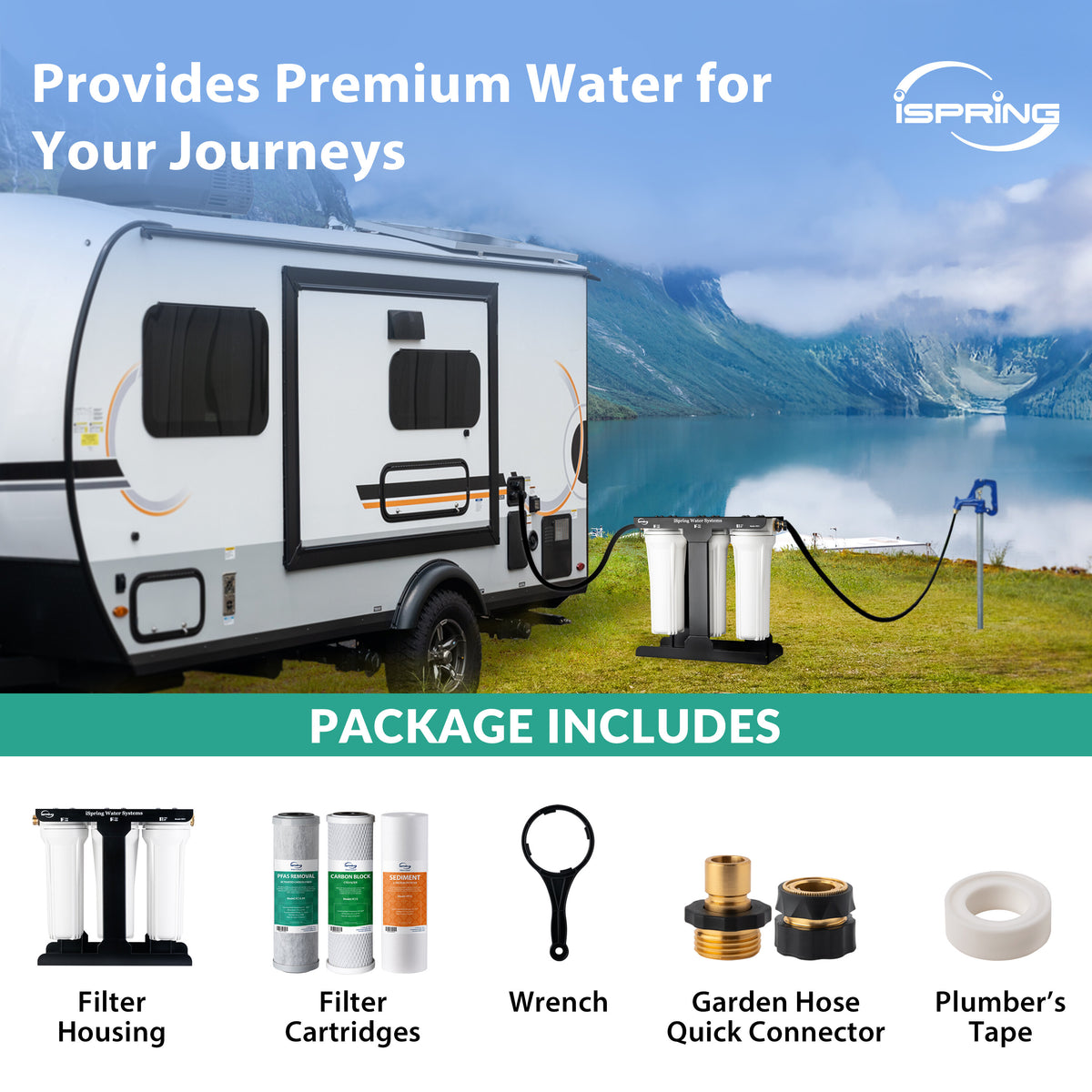 iSpring CW31-PF 3-Stage RV Water Filtration System for Campers, SGS-tested PFAS Removal, 3/4'' Lead-Free Brass Hose Quick Connectors, Tankless, High Capacity