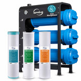 iSpring WHO32BM Iron Manganese Whole House Water Filter System, Horizontal Housings & Drain Valve for Mess-Free Filter Changes, Also Reduces Chlorine, Sediment, Taste, Odor, Commercial-Grade 3-Stage Universal Filters, Freestanding Frame