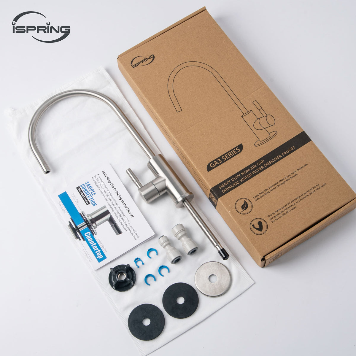 iSpring GA3-BN Drinking Water Faucet for Kitchen Sink with 3/8'' Connector, Heavy Duty Lead-Free Reverse Osmosis Faucet for RO System, Non-Air Gap 100% Stainless Steel RO Faucet, Brushed Nickel Finish