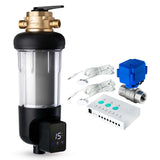 iSpring WSP50ARJBP+LS43 Auto Flushing Spin-Down Sediment Water Filter with Bypass, 50-Micron Jumbo Size Touch Screen Reusable Prefilter, w/ Auto Shut-Off Leak Detector Alarm System