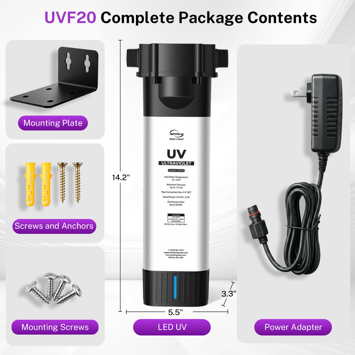 iSpring UVF20 Whole House LED UV Water Filter System, Up to 12 GPM, Long-Life LED UV Water Purifier with Built-in Automatic Flow Sensor, Mercury-Free UV Water Filter, 3/4" MNTP Inlet Outlet