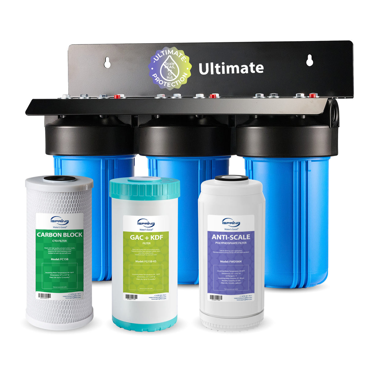 iSpring WGB31B-KDS Ultimate Protection Whole House Water Filter System, Reduces Heavy Metals, Scale, Chlorine, Chloramine, Hydrogen Sulfide, 3-Stage Filtration, 1" Inlet/Outlet