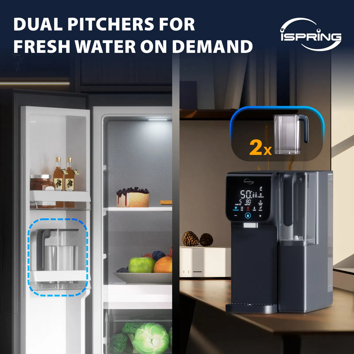 iSpring Countertop RO Alkaline Water Dispenser, 9 Hot &amp; Cold Temperature options, 6 Dispensing Volume Settings, TDS &amp; Filter Life Monitor, w/up to 2-Year Replacement Filter Set (Model: RCD100HCG)