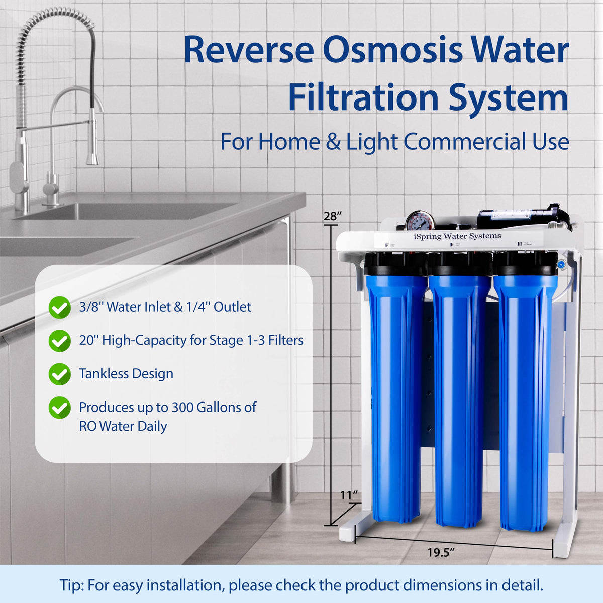 iSpring Light Commercial Tankless Reverse Osmosis Water Filtration System, Removes up to 99% contaminants, 300 GPD, Booster Pump &amp; Pressure Gauge, w/ up to 2-Year Replacement Filter Set (Model: RCB3P)