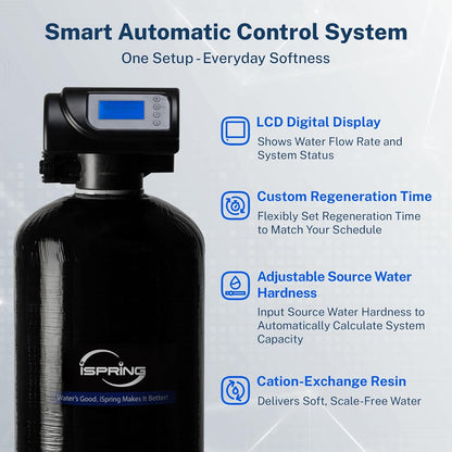 iSpring WCSTB45KG Whole House Water Softener System, 45,000 Grains High Capacity Water Softener Removes Hard Water and Scale, Automatic Backwash and Regeneration, for Whole House & Commercial Use