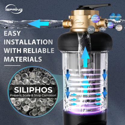iSpring WSPSL-ARJ-BP NSF Certified, Whole House Spin Down Sediment Water Filter, 4 Modes Bypass, Includes Siliphos Helps Prevent Scale, Clear Housing, Jumbo Size, Touch-Screen Auto Flushing