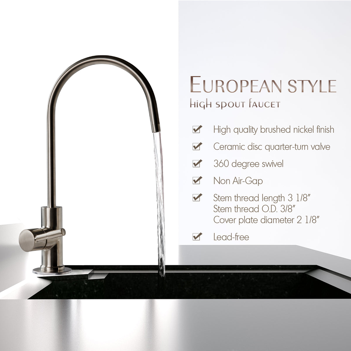 iSpring GA1-AB Reverse Osmosis Faucet, Lead-Free Contemporary Drinking Water Faucet for RO Systems, High Spout, Antique Brass Finish