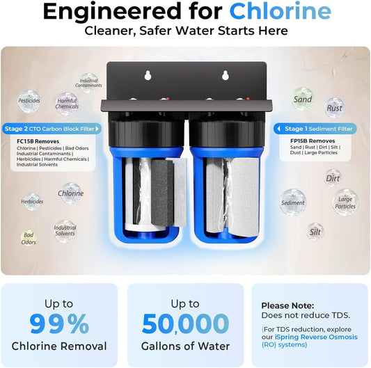 iSpring WGB21B 2-Stage Whole House Water Filtration System, with 10" x 4.5" Sediment CTO(Chlorine, Taste, and Odor) Filter, 1" Inlet/Outlet