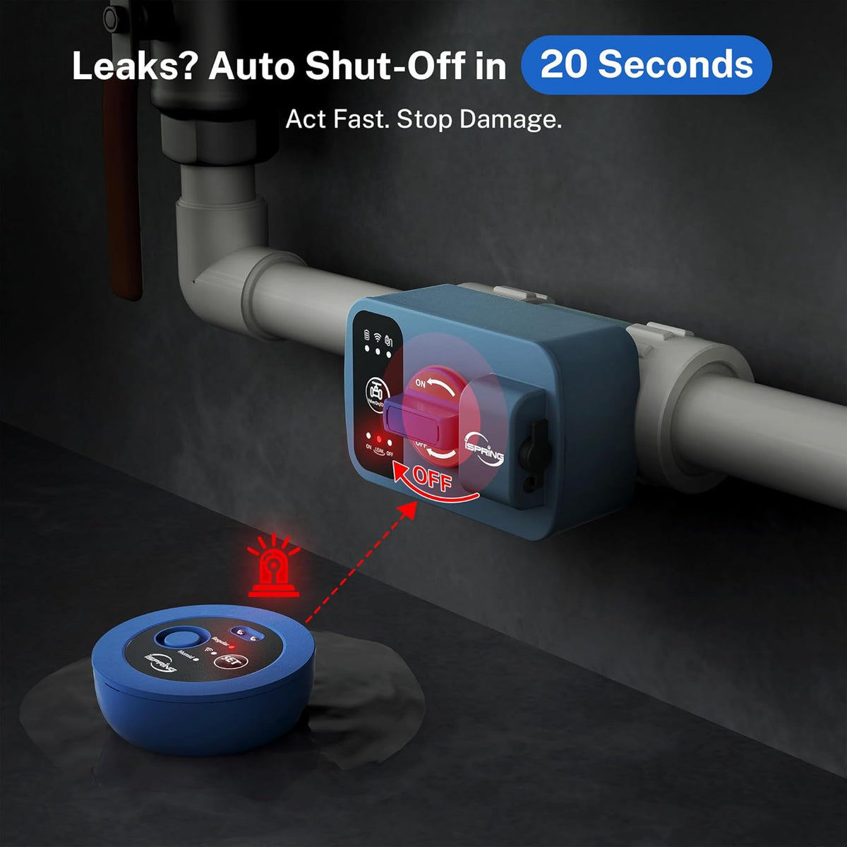 iSpring LS43WL Smart Leak Shut-Off System, Automatic Water Leak Detector with 1 Wired &amp; 1 Wireless Sensor, Whole-Home Water Damage Protection, 1" MNPT   3/4" FNPT