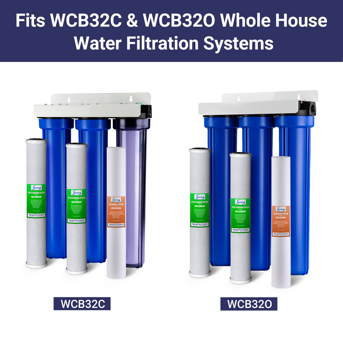 iSpring F12WCB32 20" x 2.5" Whole House Water Filter Replacement Set of 4, One Sediment Cartridge &amp; Two Carbon Block Cartridges, Fit WCB32C &amp; WCB32O