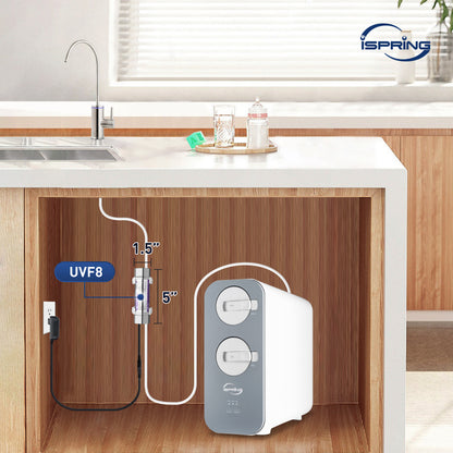iSpring RO800G+UVF8 Tankless Reverse Osmosis System with LED UVF8 Light, 800 GPD Fast Flow RO System, 2.5:1 Pure to Drain Ratio RO Water Filter System, Brushed Nickel Faucet