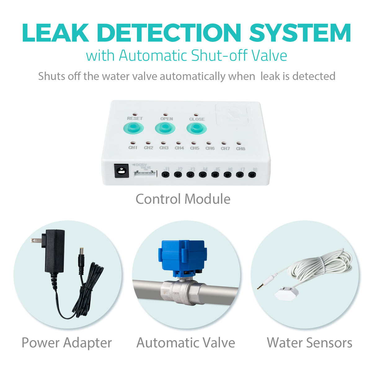 iSpring LS43 Water Leak Detector Alarm System with Automatic Shut-off Valve and 2 Detection Sensors, Connects Up to 8 Sensor to Prevent Flooding