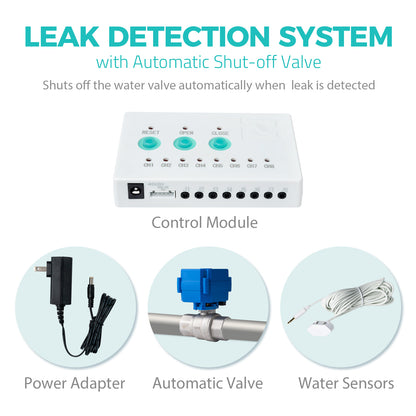 iSpring LS43 Water Leak Detector Alarm System with Automatic Shut-off Valve and 2 Detection Sensors, Connects Up to 8 Sensor to Prevent Flooding