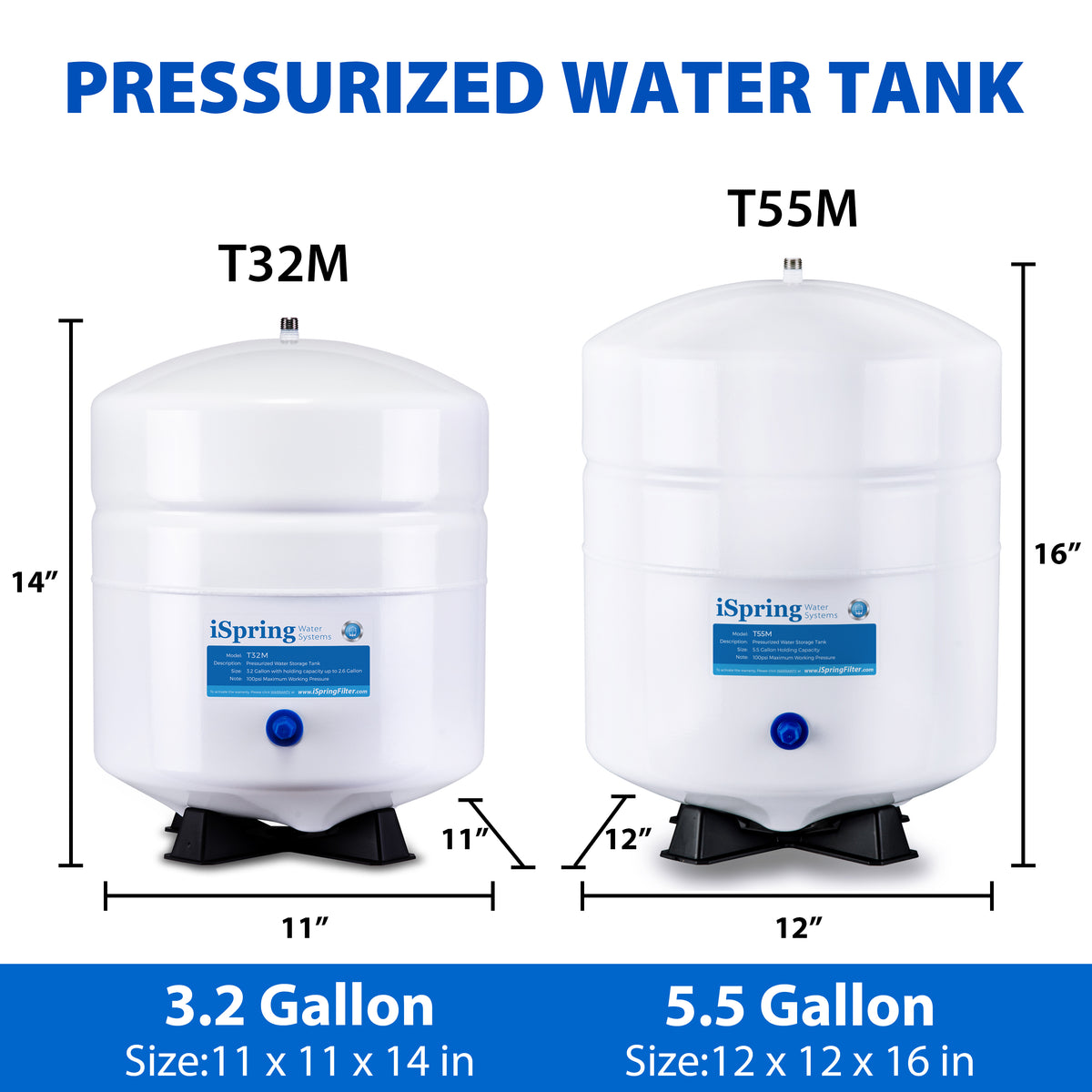 iSpring T32M Pressurized Water Storage Tank with with Ball Valve for Reverse Osmosis RO Systems, 4 Gallon