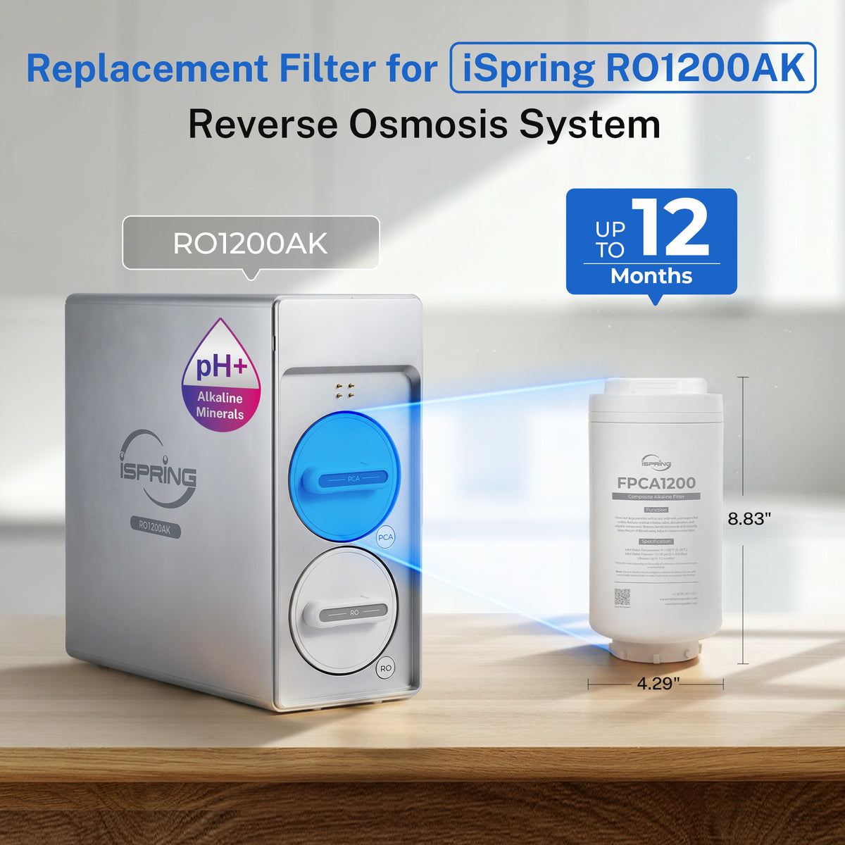 iSpring FPCA1200 PCA Composite Filter, Replacement for RO1200AK Reverse Osmosis System, Up to 12 Months Lifetime, Alkaline & Sediment & Carbon Composite Filter, pH+ Alkaline Remineralization