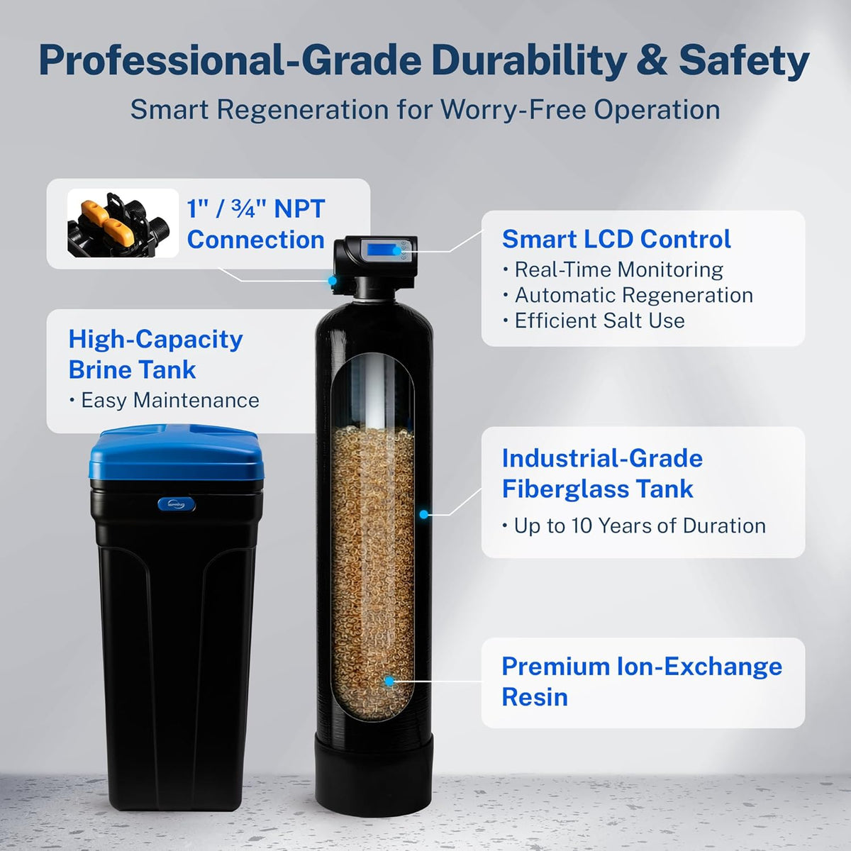 iSpring WCSTB45KG Whole House Water Softener System, 45,000 Grains High Capacity Water Softener Removes Hard Water and Scale, Automatic Backwash and Regeneration, for Whole House & Commercial Use