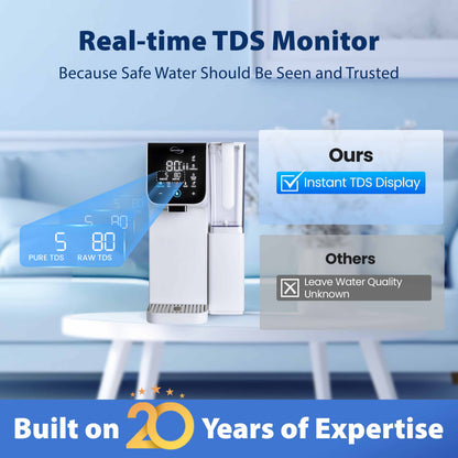 iSpring RCD100-THCW Hot &amp; Cold Countertop Reverse Osmosis System, Sleek White Finish, RO Water Filter Dispenser, 9 Temperature Options from 50¨C210¡ãF &amp; 6 Dispensing Volumes, TDS &amp; Filter Life Monitor, Plug and Play