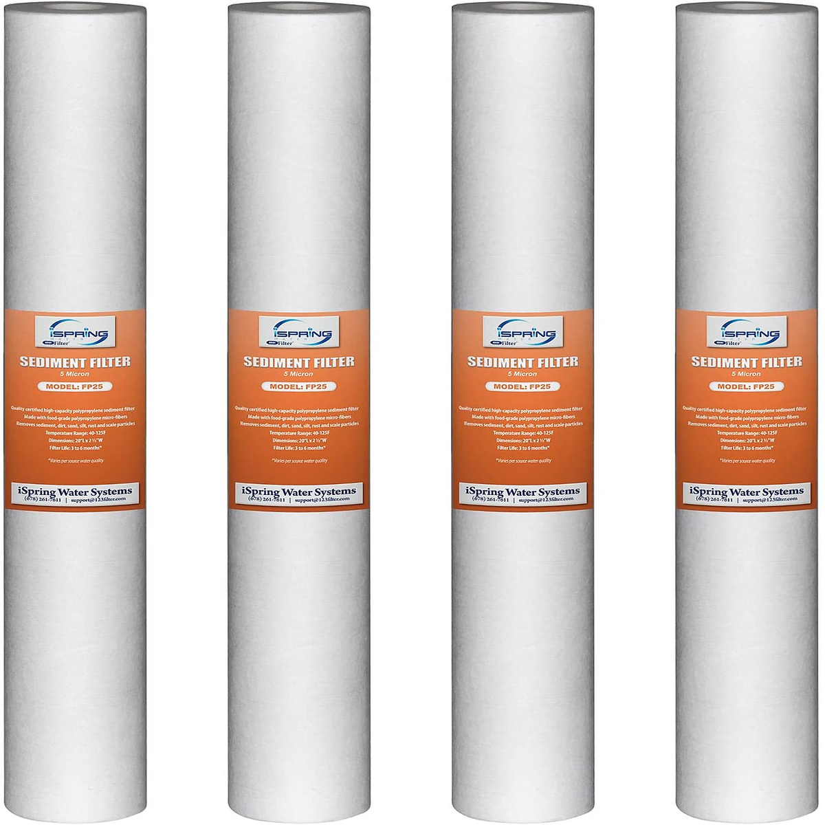 iSpring ‎FP25X4 High Capacity 20” x 2.5” Water Replacement Cartridges Fine Sediment Filter, 5 Micron, 4 pieces, White, 4 Count