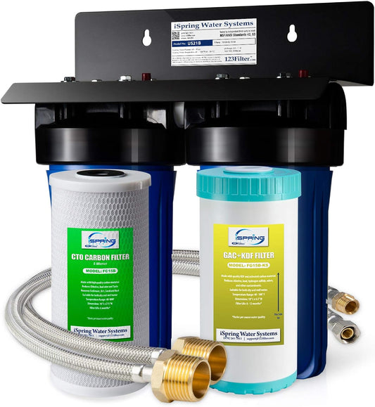 iSpring US21B Heavy Duty 2-Stage Undersink Water Filtration System with 10'' x 4.5'' GAC+KDF and CTO Carbon Block Filters, 1'' Ports