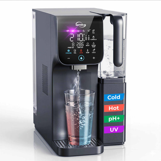 iSpring RCD100UHCG UV Alkaline Hot & Cold Reverse Osmosis Water Filter, Countertop RO Water Filter Dispenser with Mineral &amp; LED Ultraviolet Filter, 9 Temperature Options, TDS &amp; Filter Life Monitor, Plug and Play