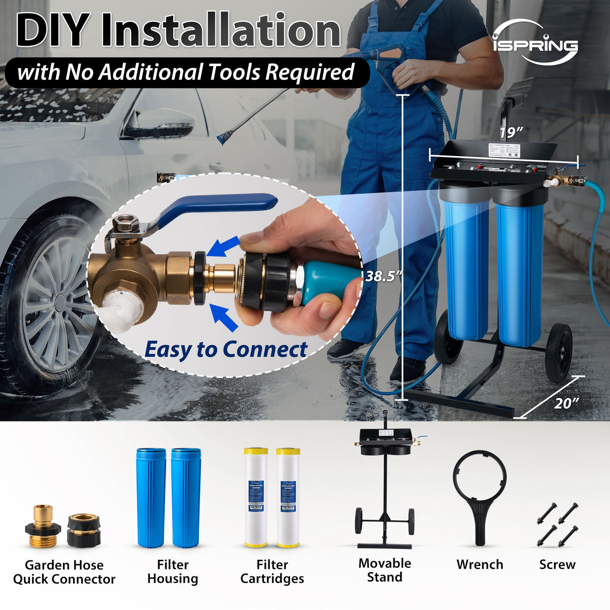 iSpring Spotless Water System for Car Wash, Deionized Water System with Bypass Valve & Rolling Cart, Spot Free Solutions for All Vehicles, Motorcycles, RV, Bikes, Boats, and Yachts, Model: WGB22BD-BP
