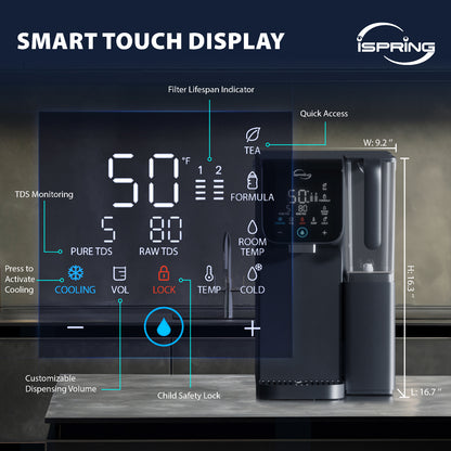 iSpring RCD100HCG Hot & Cold Reverse Osmosis System Countertop, Alkaline RO Water Filter Dispenser, 9 Temperature &amp; 6 Dispensing Volume Options, TDS &amp; Filter Lifespan Monitor, Plug and Play