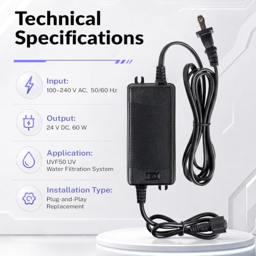 iSpring UVT50 Electronic Ballast for UVF50 UV Water Filtration System 100–240V AC 50/60Hz Input, 24V DC 60W Output, Plug-and-Play Replacement Power Adapter