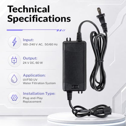 iSpring UVT50 Electronic Ballast for UVF50 UV Water Filtration System 100–240V AC 50/60Hz Input, 24V DC 60W Output, Plug-and-Play Replacement Power Adapter