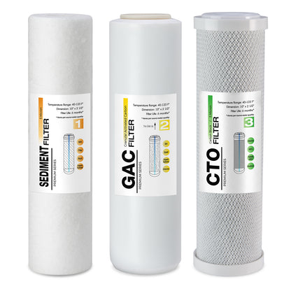 iSpring F3US Standard RO Systems 6-Month Prefilter Replacement Supply Filter Cartridge Pack Set, 3 Filters w/ Sediment, CTO and GAC, 10" X 2.5"