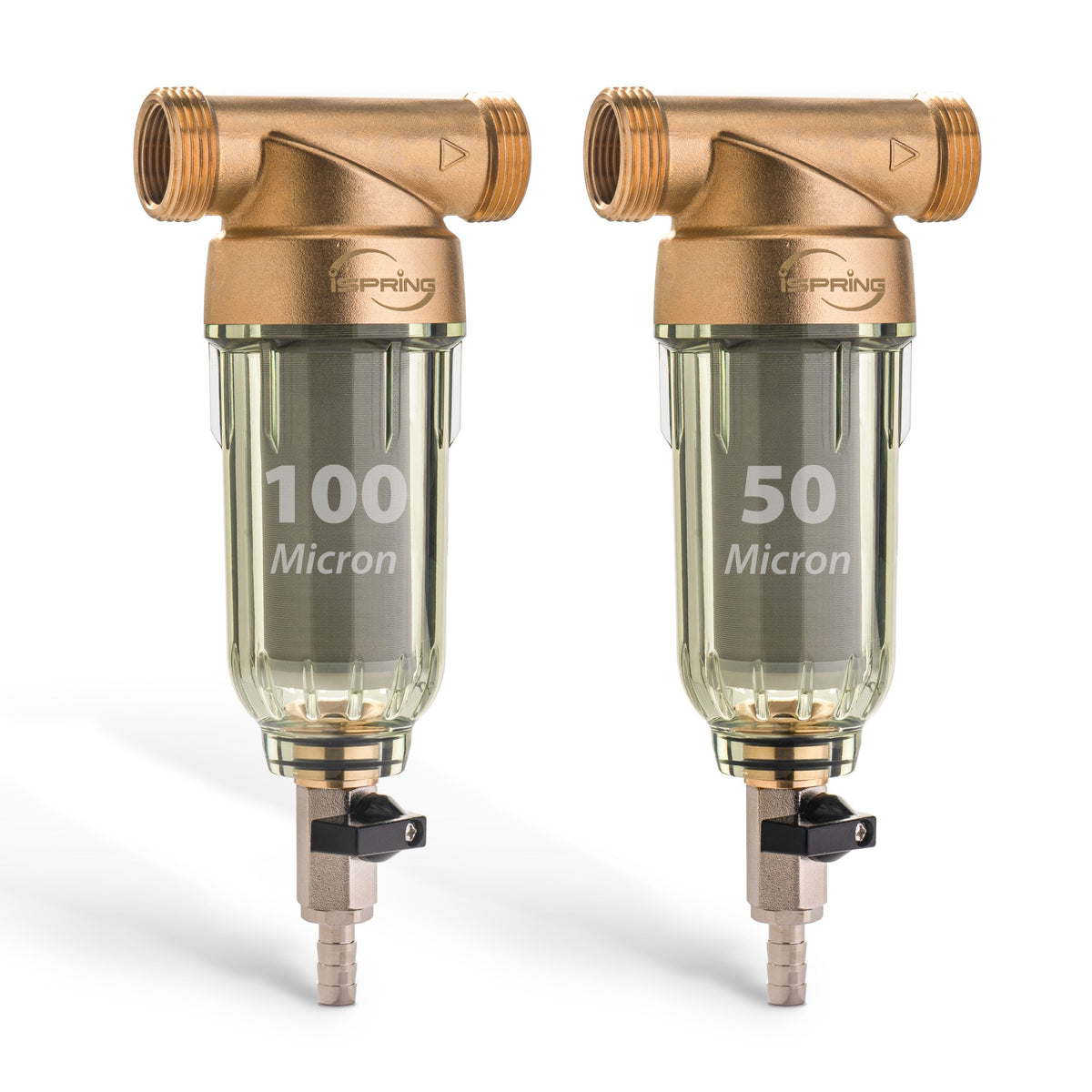 iSpring WSP2PK15 Reusable Whole House Spin Down Sediment Water Filters, Twin Pack with 100 Microns and 50 Microns Filter Sizes, Clear Housing, Lead-Free Brass