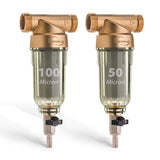 iSpring WSP2PK15 Reusable Whole House Spin Down Sediment Water Filters, Twin Pack with 100 Microns and 50 Microns Filter Sizes, Clear Housing, Lead-Free Brass