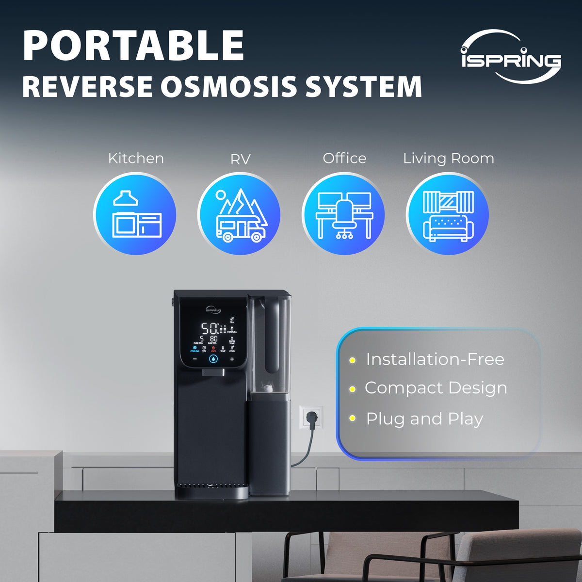 iSpring RCD100HCG Hot & Cold Reverse Osmosis System Countertop, Alkaline RO Water Filter Dispenser, 9 Temperature &amp; 6 Dispensing Volume Options, TDS &amp; Filter Lifespan Monitor, Plug and Play
