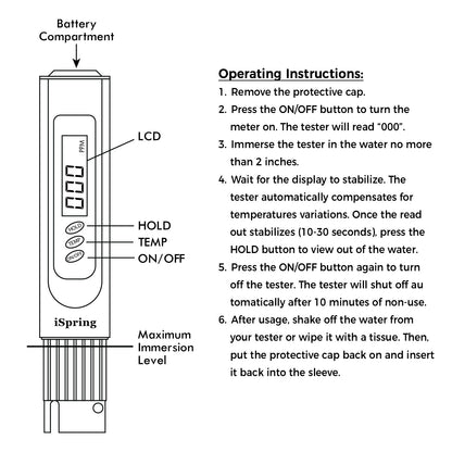 iSpring TDS3 3-Button Digital Water Quality Test Meter with Temperature Test Function