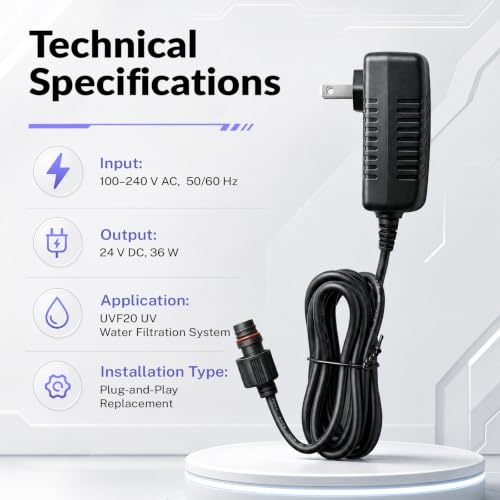 iSpring UVT20 Electronic Ballast for UVF20 UV Water Filtration System 100–240V AC 50/60Hz Input, 24V DC 36W Output, Plug-and-Play Replacement Power Adapter