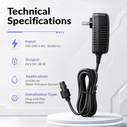iSpring UVT20 Electronic Ballast for UVF20 UV Water Filtration System 100–240V AC 50/60Hz Input, 24V DC 36W Output, Plug-and-Play Replacement Power Adapter