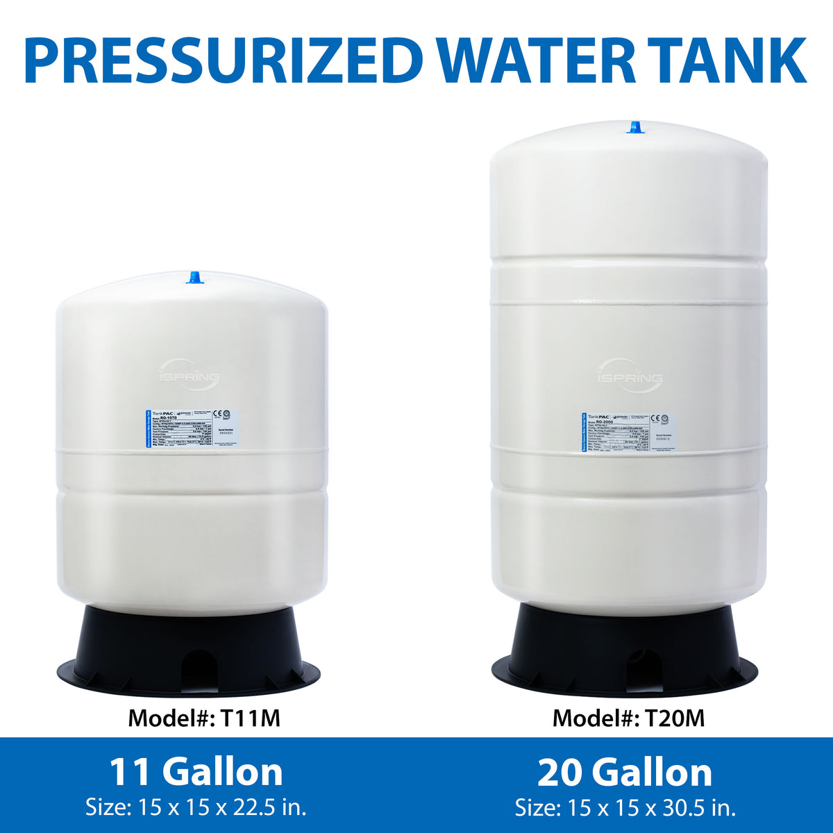 iSpring T20M 20 Gallon Pre-Pressurized Tank for Reverse Osmosis (RO) Systems with 14 gallons of Water Storage Capacity, 20, White