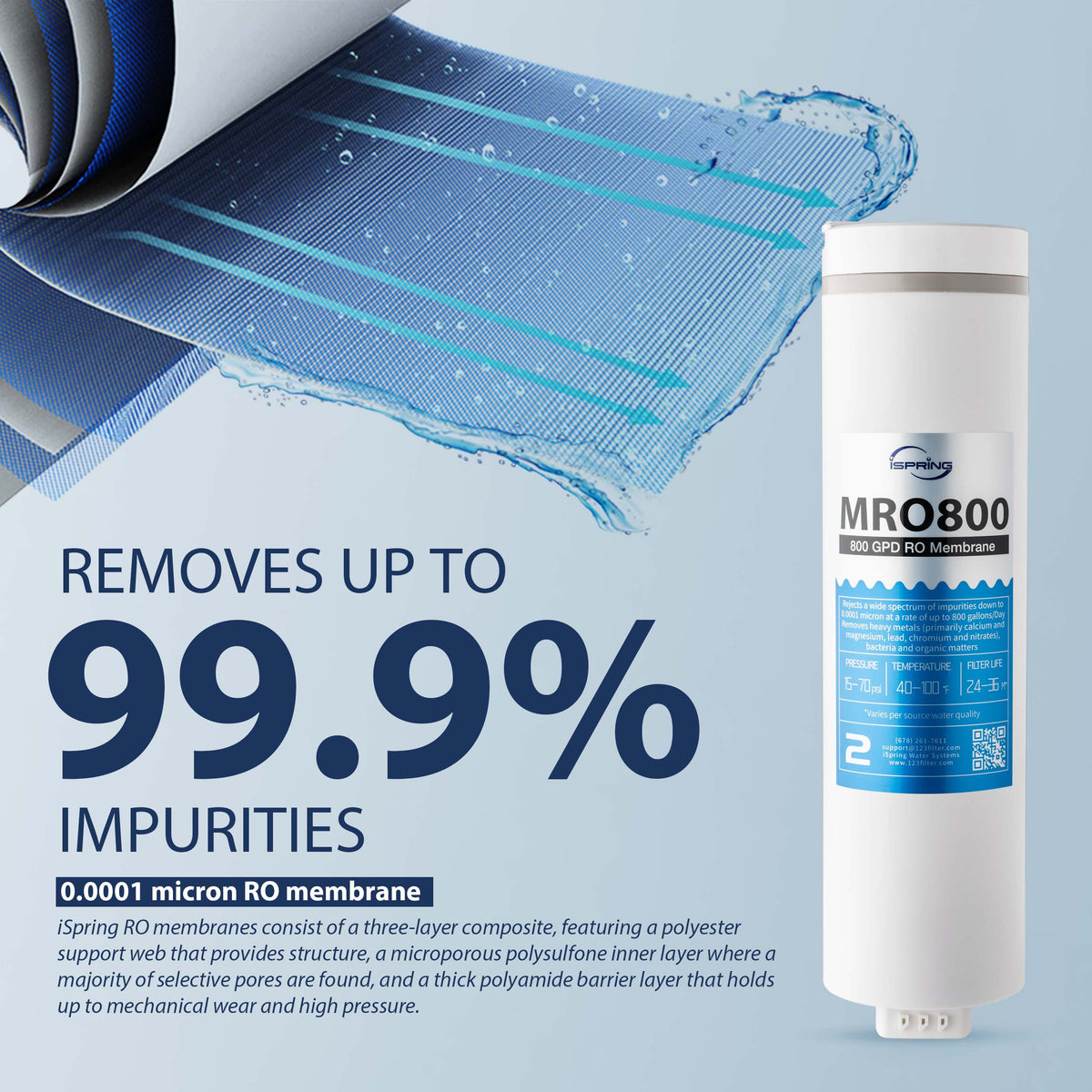iSpring MRO800 RO Membrane Replacement Filter for RO800G Reverse Osmosis System, High Flow up to 800 GPD, 2.5:1 Pure to Waste water ratio