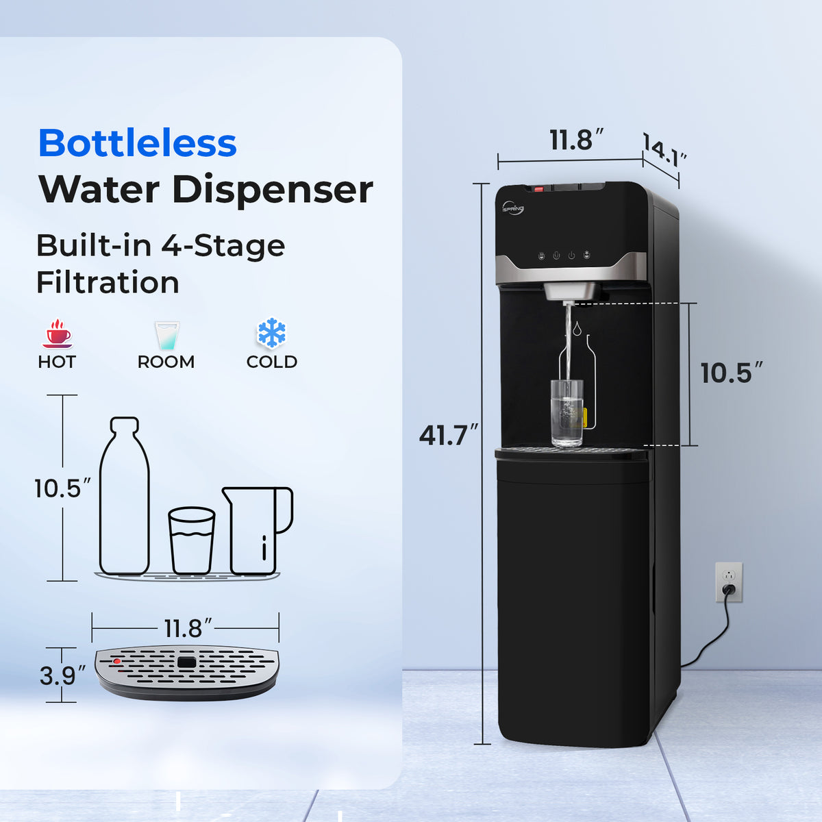 iSpring Bottleless Water Dispenser with 4-Stage Filtration, SGS-Tested 99% of Lead Removal, Water Cooler Dispenser - Hot, Cold, Room Temp, Self Cleaning, Black, Model: DS4B-PB