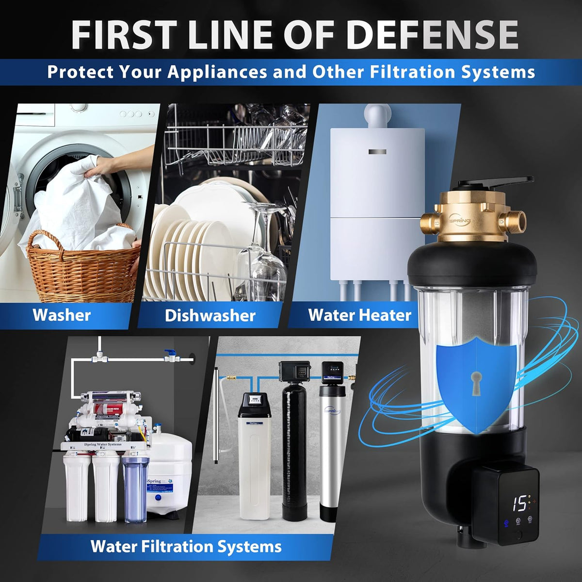 iSpring WSP50ARJ+EDV2 Whole House Spin-Down Sediment Filter &amp; Electronic Descaler Bundle, 50-Micron Reusable Filter Removes Sand, Dirt, Silt and Rust, Touch-Screen Auto-Flush, Limescale Build-up Solution