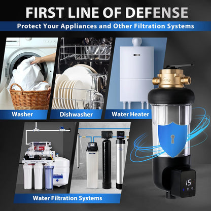 iSpring WSP50ARJ+EDV2 Whole House Spin-Down Sediment Filter &amp; Electronic Descaler Bundle, 50-Micron Reusable Filter Removes Sand, Dirt, Silt and Rust, Touch-Screen Auto-Flush, Limescale Build-up Solution
