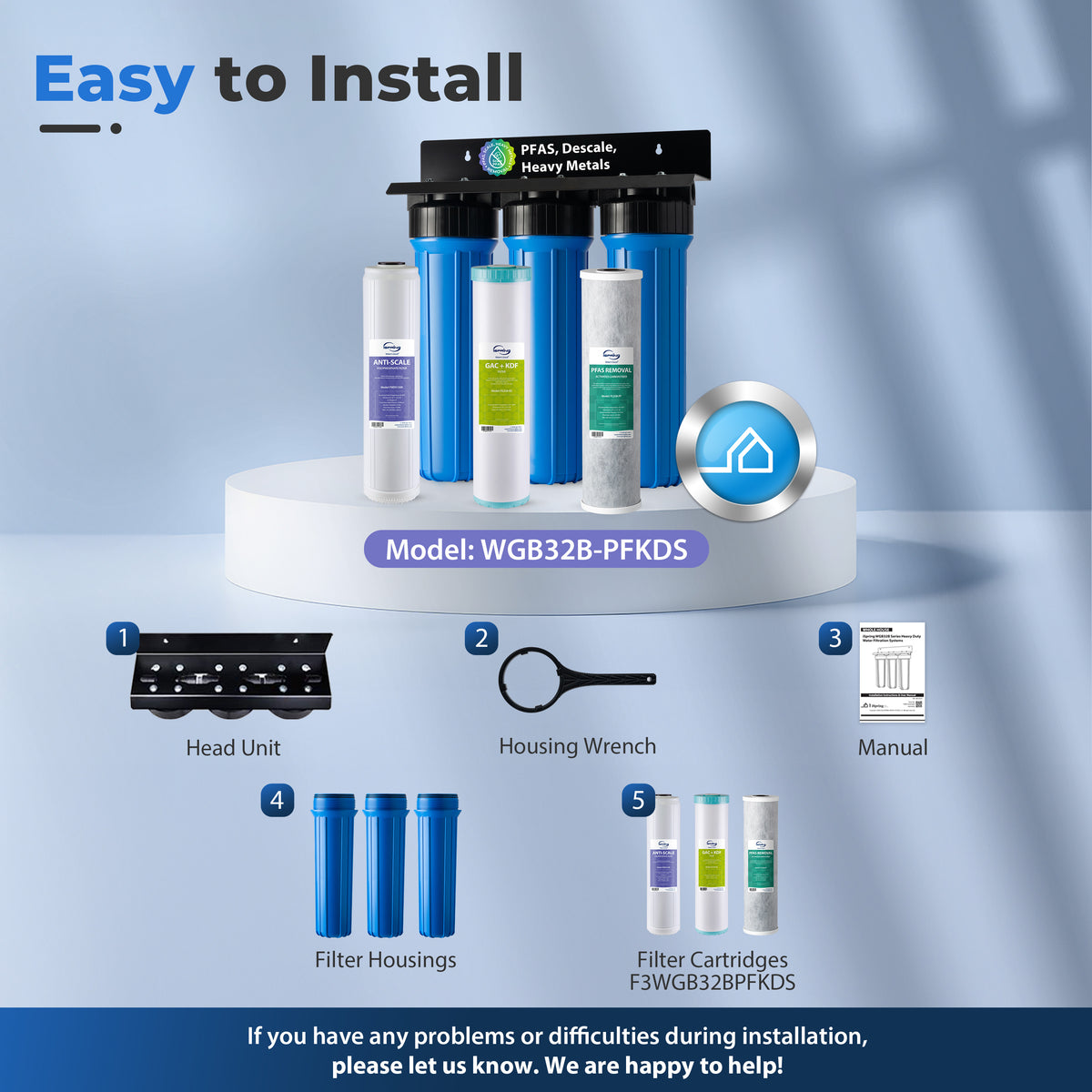iSpring WGB32B-PFKDS Whole House Water Filter System, Ultimate PFAS, Scale, Heavy Metals Protection Removes Up to 99% PFOA & PFOS with SGS-Tested Media, Reduces Corrosion, Lead, 3-Stage Filtration 20” x 4.5” Filters, 1” NPT Inlet/Outlet