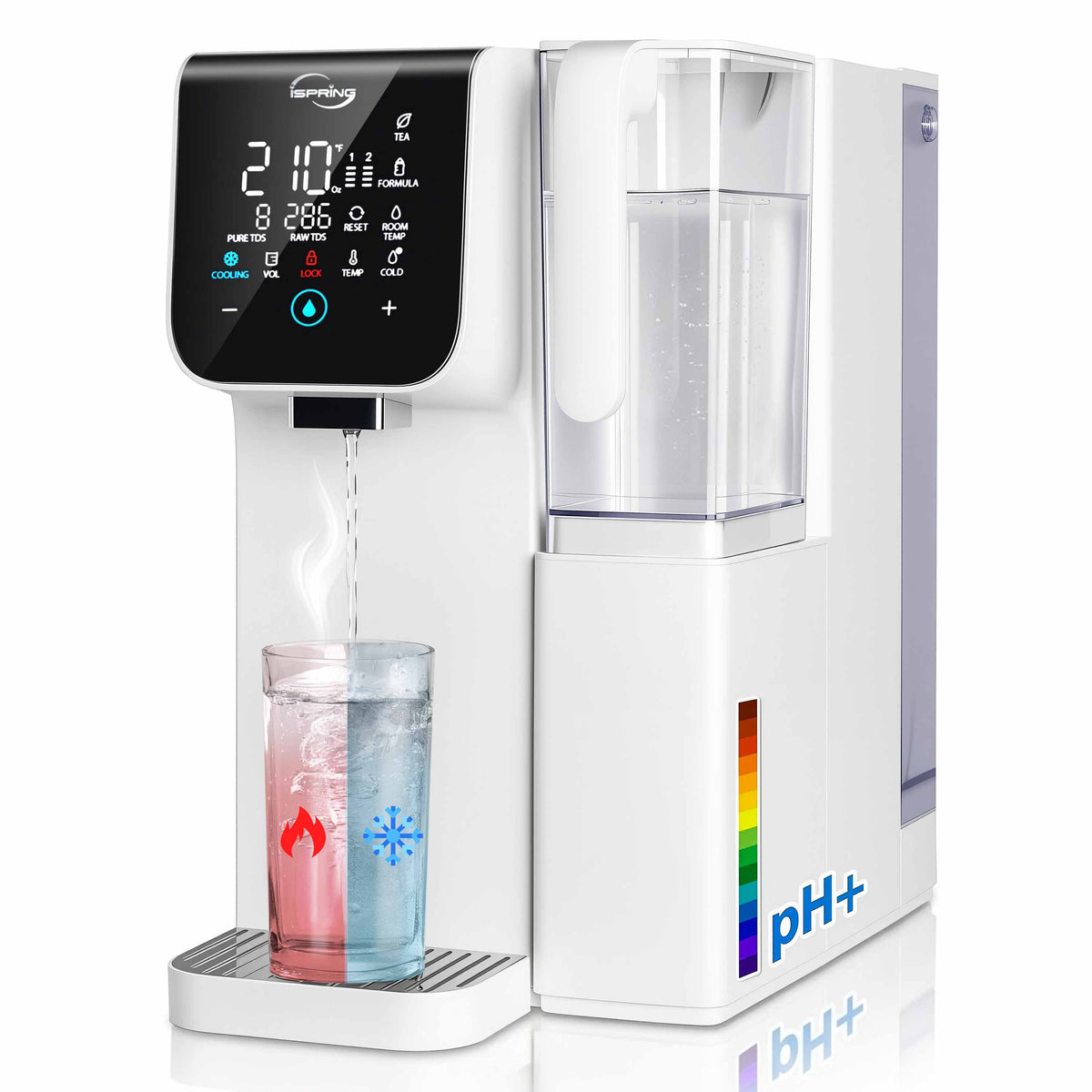iSpring RCD100HCW Alkaline Hot &amp; Cold Countertop Reverse Osmosis System, Sleek White Finish, Remineralization RO Water Filter Dispenser, 9 Temperature &amp; 6 Dispensing Volume Options, TDS &amp; Filter Life Monitor, Plug and Play