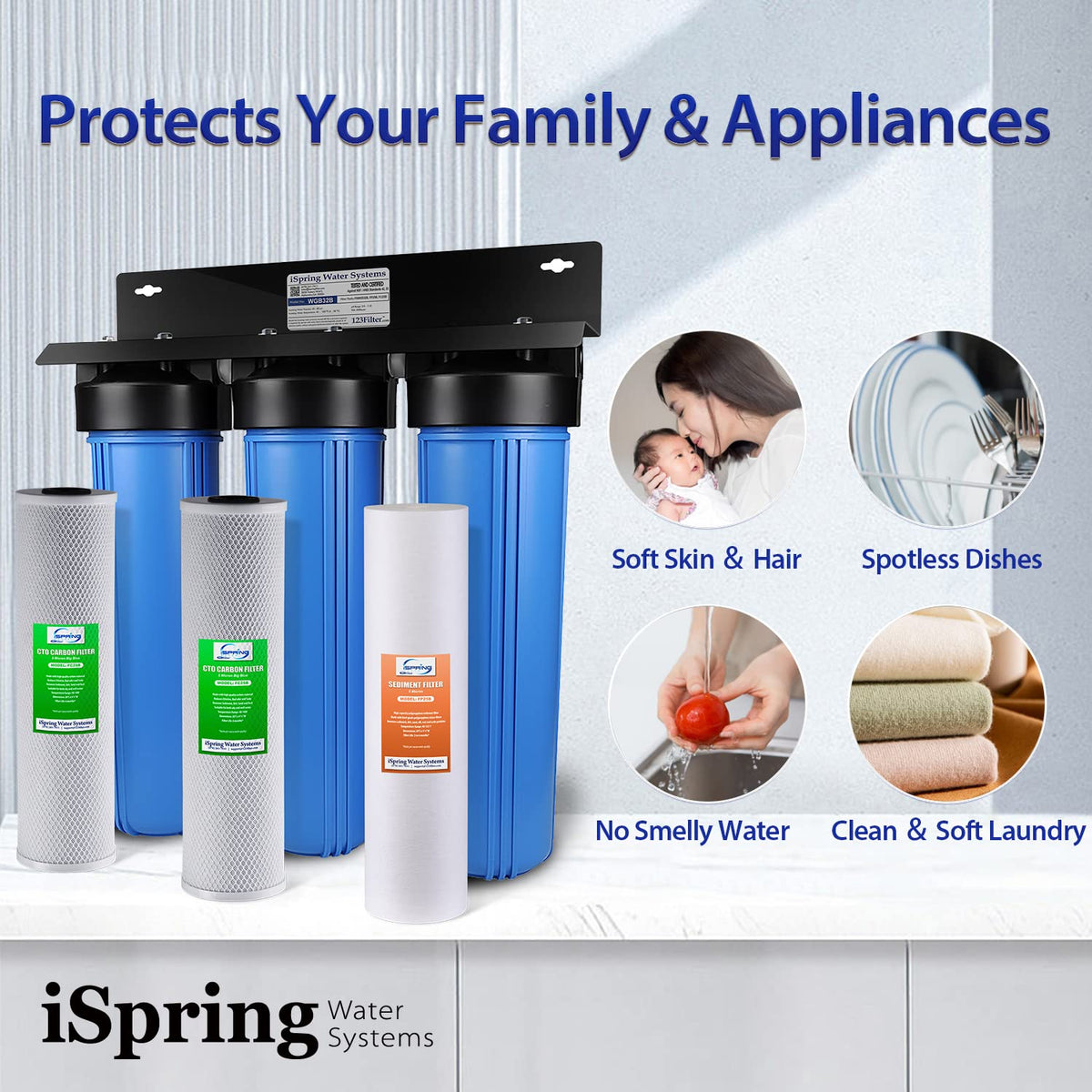 iSpring WGB32B Whole House Water Filter System, Highly Reduces Sediment, Taste, Odor, and up to 99% Chlorine, 3-Stage w/ 20-Inch Sediment and Carbon Block Filters