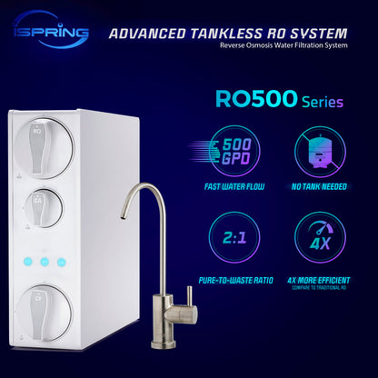 iSpring RO500AK-BN+UVF8 Tankless RO Reverse Osmosis Water Filtration System with Natural pH Alkaline Remineralization and LED UVF8 Light, 500 GPD Fast Flow, Brushed Nickel Faucet, 2:1 Pure to Drain Ratio, NSF Certified