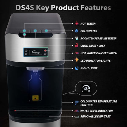 iSpring DS4-S Bottleless Water Dispenser, Built-in 4-Stage Filtration, Removes Chlorine, Lead, Mercury & Sediment, Hot/Cold/Room Temp, Self Cleaning, Stainless Steel, w/ F10DS up to 2-Year Filter Set