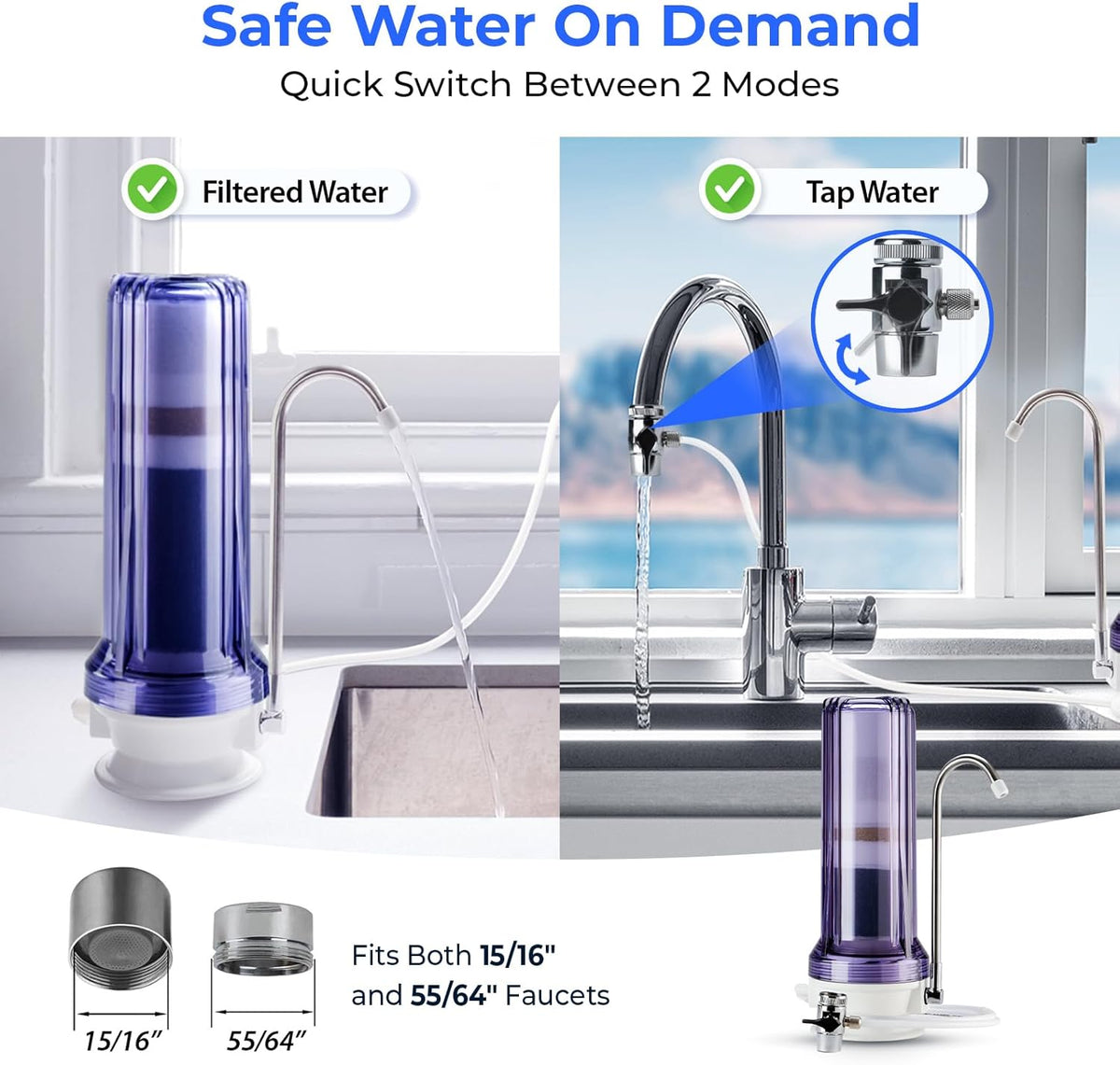 iSpring CT10-C Countertop Water Filter, Multi-Layer Faucet Water Filter System with Versatile Faucet Adapter, Reduces Heavy Metals, Bad Odor, and Chlorine, Clear