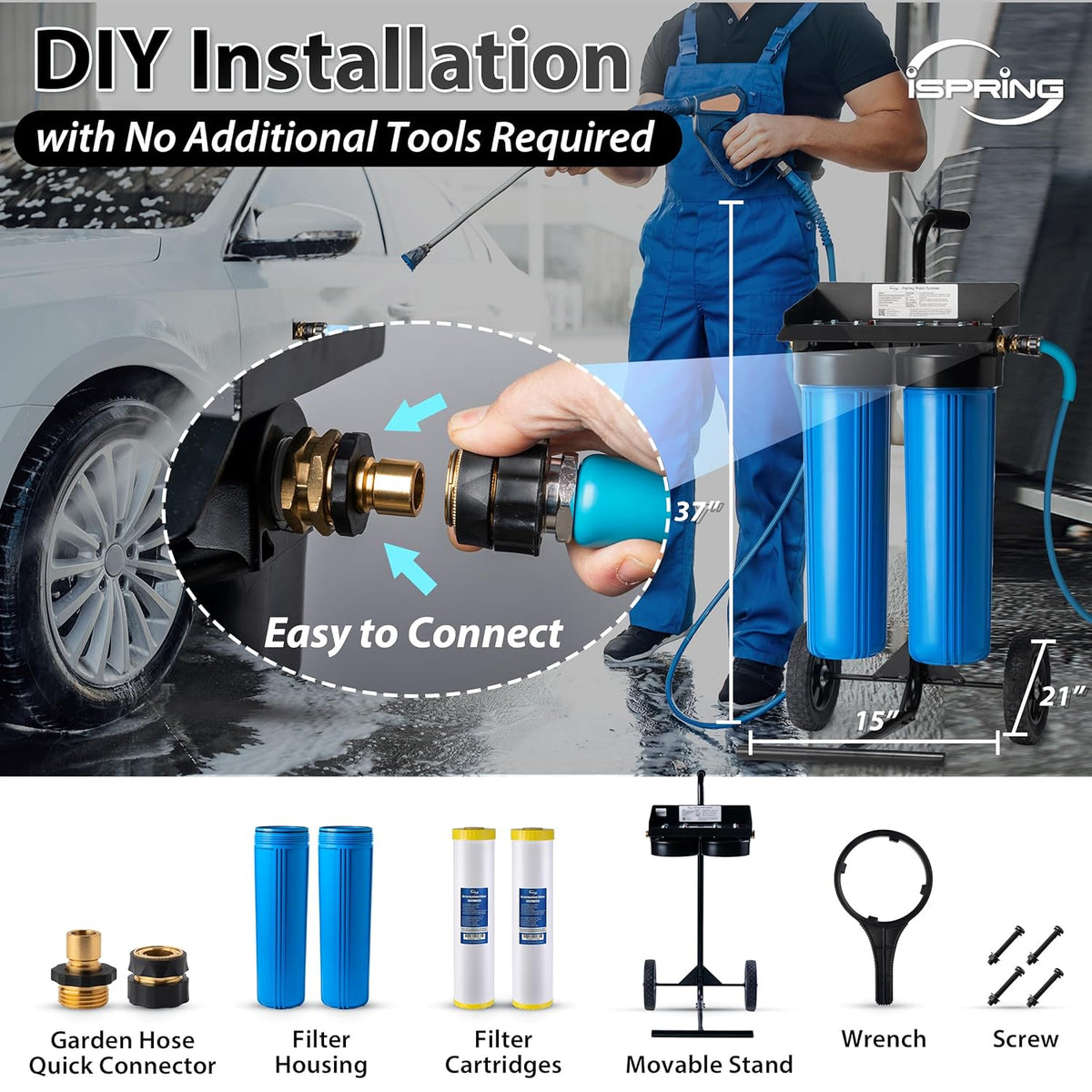 iSpring Spotless Water System for Car Wash, Deionized Water System with Rolling Cart, Spot Free Solutions for All Vehicles, Motorcycles, RV, Bikes, Boats, Yachts, and Windows, Model: WGB22BD