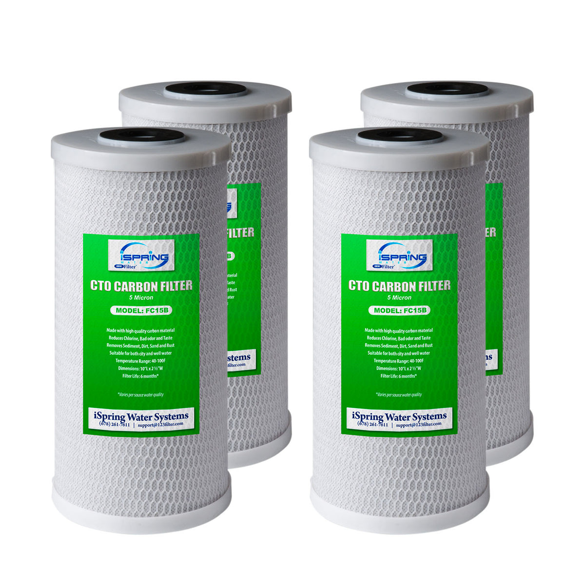 iSpring FC15BX4 4.5x10 in. 5 micron Carbon Block (CTO) Water Filter Replacement Cartridge for Under Sink and Whole House Water Filtration Systems, Pack of 4